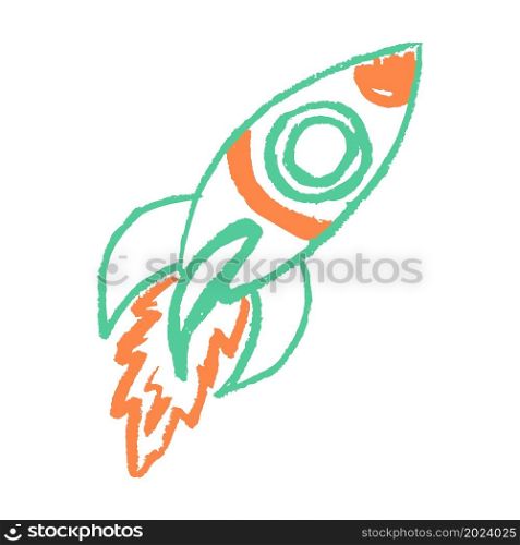 Rocket. Icon in hand draw style. Drawing with wax crayons, colored chalk, children&rsquo;s creativity. Vector illustration. Sign, symbol. Icon in hand draw style. Drawing with wax crayons, children&rsquo;s creativity