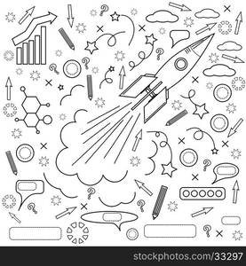 Rocket Icon Isolated on White Background. Concept of Success, Start Up, Initiatives, Team Work. Lines Design