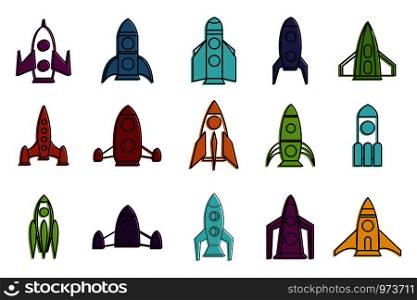 Rocket icon set. Color outline set of rocket vector icons for web design isolated on white background. Rocket icon set, color outline style
