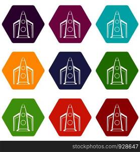 Rocket icon set many color hexahedron isolated on white vector illustration. Rocket icon set color hexahedron