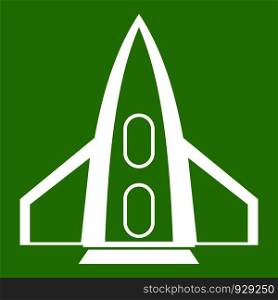 Rocket icon white isolated on green background. Vector illustration. Rocket icon green