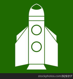 Rocket icon white isolated on green background. Vector illustration. Rocket icon green