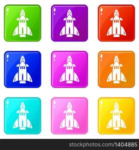 Rocket icons set 9 color collection isolated on white for any design. Rocket icons set 9 color collection