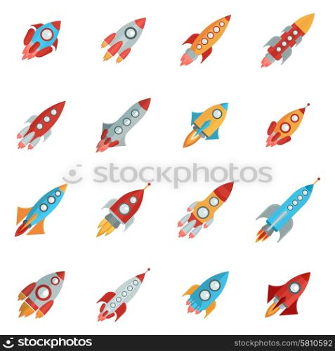 Rocket Icons Set. Flying bright space rocket icons set with launch and fire flat isolated vector illustration