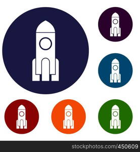 Rocket icons set in flat circle reb, blue and green color for web. Rocket icons set