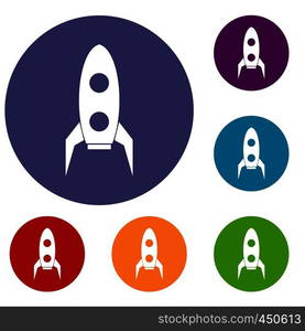 Rocket icons set in flat circle reb, blue and green color for web. Rocket icons set