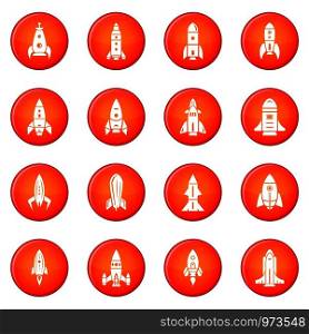 Rocket icons set vector red circle isolated on white background . Rocket icons set red vector