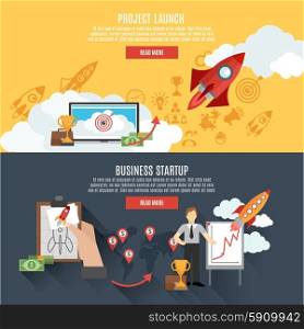 Rocket launch banners interactive webpage design. Business startup project launch two horizontal banners webpage interactive design with rocket flat abstract isolated vector illustration