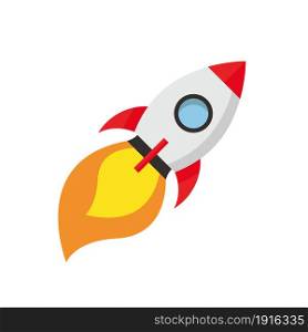 Rocket launch icon in flat style design. Flying space ship with fire flame. Business or start up idea concept. Vector illustration.. Rocket launch icon in flat style design. Flying space ship with fire flame.