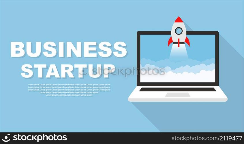 Rocket launch in laptop screen. Business startup vector background. Vector illustration.