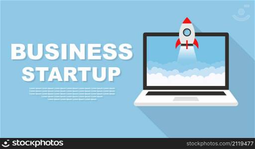 Rocket launch in laptop screen. Business startup vector background. Vector illustration.