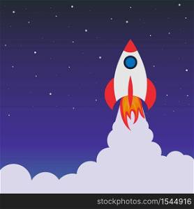 Rocket launch in space. Cartoon background with spaceship. Concept of travel in future. Success startup of business. Poster, banner and wallpaper for creative innovation. Landing with galaxy. Vector.. Rocket launch in space. Cartoon background with spaceship. Concept of travel in future. Success startup of business. Poster, banner and wallpaper for creative innovation. Landing with galaxy. Vector