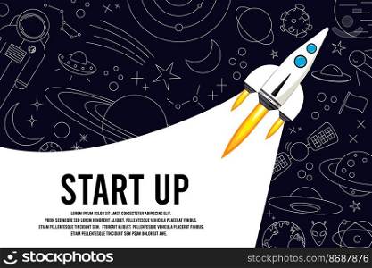 Rocket launch in the sky, space. Space ship. outer space, interstellar travels, universe. Business concept. Start up template. Simple modern design. Outline, line, doodle style. Rocket launch in the sky, space. Space ship. outer space, interstellar travels, universe. Business concept. Start up template. Outline, line, doodle style. Flat. vector illustration. 