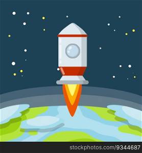 Rocket. Launch of spaceship. Flight into space. Red and white spacecraft. Takeoff from the planet. Start to earth Orbit. Flat cartoon illustration. Rocket. Launch of spaceship.