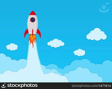 Rocket launch on space in flat style. Space ship startup in sky. Business concept banner. Travel creative background. Science innovation report. Space shuttle lift off on cloud. vector illustration. Rocket launch on space in flat style. Space ship startup in sky. Business concept banner. Travel background. Science innovation report. Space shuttle lift off on cloud. vector illustration