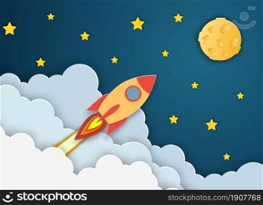 Rocket launch to the Moon.Paper cut startup poster template with space rocket. Concept business idea, startup, exploration. flyers, banners, posters and templates design.. Rocket launch to the Moon.