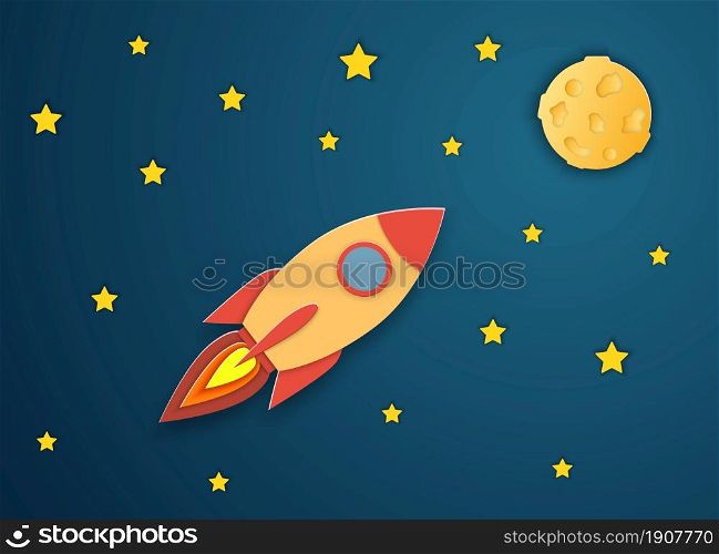 Rocket launch to the Moon.Paper cut startup poster template with space rocket. Concept business idea, startup, exploration. flyers, banners, posters and templates design.. Rocket launch to the Moon.