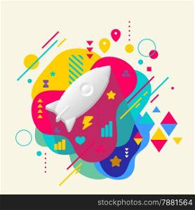Rocket on abstract colorful spotted background with different elements. Flat design.