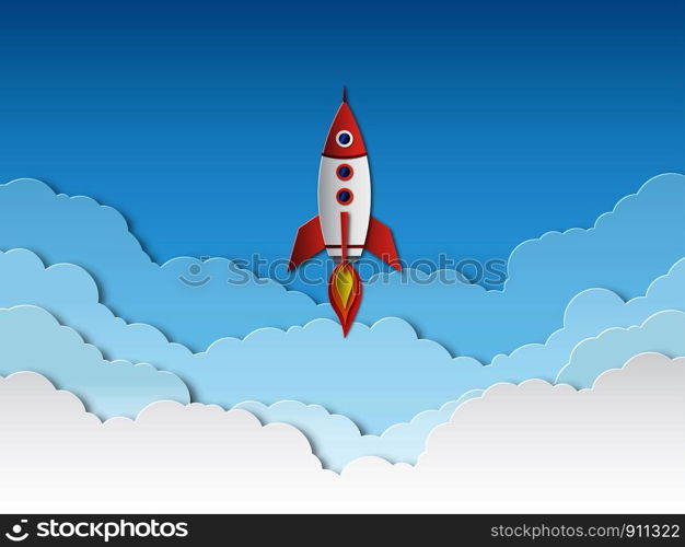 Rocket paper cut. Rockets launch with clouds, successful business start up. Taking off spaceship 3d cartoon origami vector drawing creative styling success background. Rocket paper cut. Rockets launch with clouds, successful business start up. Taking off spaceship 3d cartoon origami vector background