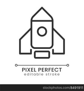 Rocket pixel perfect linear icon. Launch new product and project. Start marketing campaign. Startup. Thin line illustration. Contour symbol. Vector outline drawing. Editable stroke. Poppins font used. Rocket pixel perfect linear icon