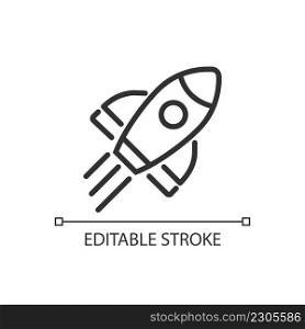 Rocket pixel perfect linear icon. Launch spacecraft into cosmos. Space shuttle. Start up. Thin line illustration. Contour symbol. Vector outline drawing. Editable stroke. Arial font used. Rocket pixel perfect linear icon