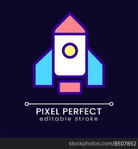 Rocket pixel perfect RGB color icon for dark theme. Launch new product and project. Business strategy. Startup. Simple filled line drawing on night mode background. Editable stroke. Poppins font used. Rocket pixel perfect RGB color icon for dark theme