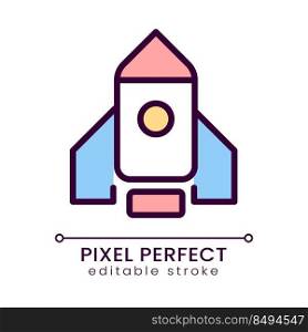 Rocket pixel perfect RGB color icon. Launch new product and project. Start marketing campaign. Startup. Isolated vector illustration. Simple filled line drawing. Editable stroke. Poppins font used. Rocket pixel perfect RGB color icon
