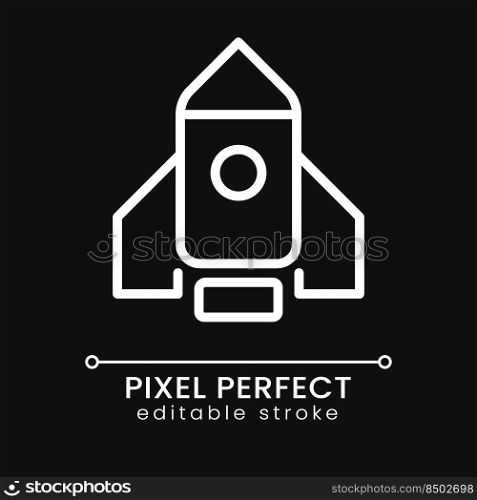 Rocket pixel perfect white linear icon for dark theme. Launch new product and project. Business strategy. Thin line illustration. Isolated symbol for night mode. Editable stroke. Poppins font used. Rocket pixel perfect white linear icon for dark theme