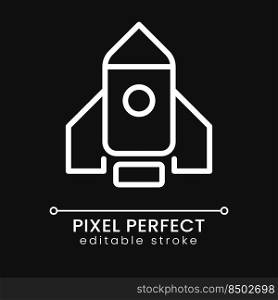Rocket pixel perfect white linear icon for dark theme. Launch new product and project. Business strategy. Thin line illustration. Isolated symbol for night mode. Editable stroke. Poppins font used. Rocket pixel perfect white linear icon for dark theme