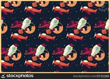 Rocket, planet and airplane in space, seamless pattern, vector illustration