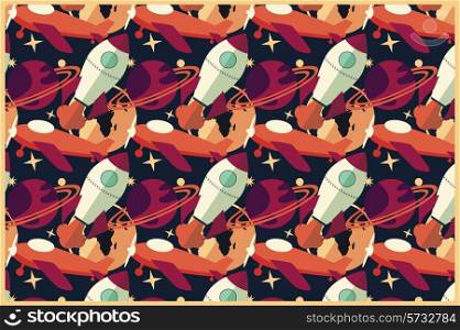 Rocket, planet and airplane in space, seamless pattern, vector illustration