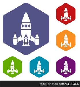 Rocket ship icons vector colorful hexahedron set collection isolated on white. Rocket ship icons vector hexahedron