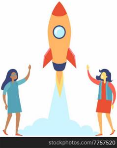 Rocket ship in flat style flies up. Happy women follow ship, wave hand. Project start up and development process. Innovation product, creative idea. Business management for new plan, forward control. Rocket ship flat style flies up. Happy women follow ship. Project start up and development process
