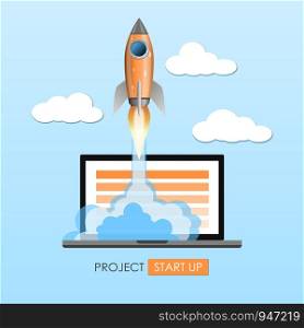 Rocket ship launch, project start up concept, vector illustration