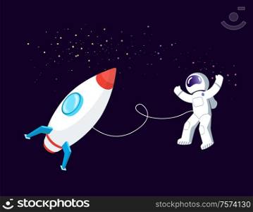 Rocket space vector, astronaut floating in cosmos with spaceship. Person tied to shuttle with rope, spaceman astronomy scientific outer exploration. Rocket Space, Astronaut Floating in Cosmos Ship