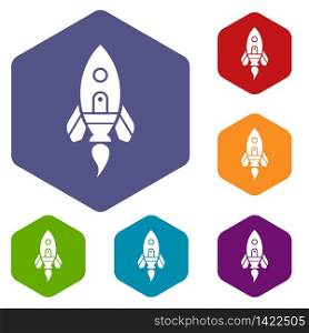 Rocket spaceship icons vector colorful hexahedron set collection isolated on white. Rocket spaceship icons vector hexahedron