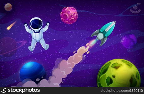 Rocket spaceship, planets and cartoon astronaut in outer space. Vector cosmonaut travel in Universe or starry galaxy, float in weightlessness with spacecraft engine, asteroid, comet and shining stars. Rocket spaceship, planets and cartoon astronaut