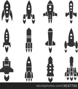 Rocket, spaceship, spacecraft, shuttle launch vector icons. Rocket, spaceship, spacecraft, shuttle launch vector icons. Set of speed rocket and illustration of rocket space vehicle