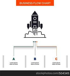 Rocket, spaceship, startup, launch, Game Business Flow Chart Design with 3 Steps. Glyph Icon For Presentation Background Template Place for text.. Vector EPS10 Abstract Template background