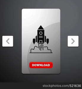 Rocket, spaceship, startup, launch, Game Glyph Icon in Carousal Pagination Slider Design & Red Download Button. Vector EPS10 Abstract Template background