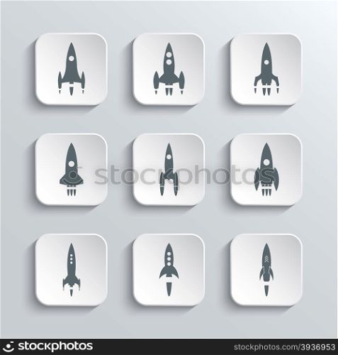 Rocket Spaceship Web Icons Set - Vector White App Buttons Design Element With Shadow. Trendy Design Template