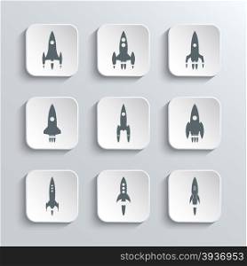Rocket Spaceship Web Icons Set - Vector White App Buttons Design Element With Shadow. Trendy Design Template