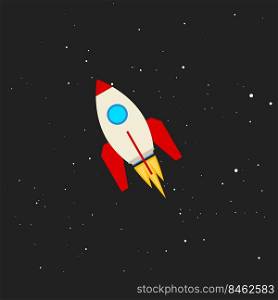Rocket, startup. An artificial space satellite, a spacecraft hovering in the black sky among the stars. Flat vector illustration.. Rocket, startup. Space satellite. Flat vector illustration
