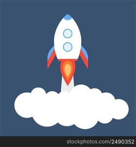 Rocket takeoff with clouds onbackground of night sky. Space travel of ship. Concept of start, product launch. Flat icon vector illustration. Rocket takeoff with clouds onbackground of night sky