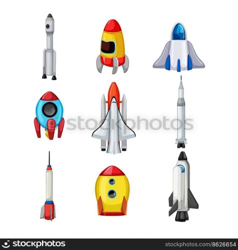 rocket toy set cartoon. spaceship space, science technology, travel ship, fantasy fly, speed rocket toy vector illustration. rocket toy set cartoon vector illustration
