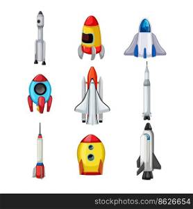 rocket toy set cartoon. spaceship space, science technology, travel ship, fantasy fly, speed rocket toy vector illustration. rocket toy set cartoon vector illustration