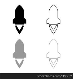 Rocket with flame in flying Spaceship launching Space exploration War weapon concept icon outline set black grey color vector illustration flat style simple image. Rocket with flame in flying Spaceship launching Space exploration War weapon concept icon outline set black grey color vector illustration flat style image