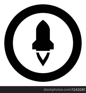 Rocket with flame in flying Spaceship launching Space exploration War weapon concept icon in circle round black color vector illustration flat style simple image. Rocket with flame in flying Spaceship launching Space exploration War weapon concept icon in circle round black color vector illustration flat style image
