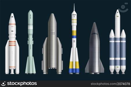 Rockets realistic. Cosmos spaceships for expedition rocket launch missles exploring universe decent vector pictures. Illustration power jet rocket, spaceship and spacecraft realistic. Rockets realistic. Cosmos spaceships for expedition rocket launch missles exploring universe decent vector pictures