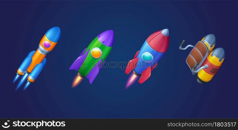 Rockets, shuttles and jetpack isolated on blue background. Vector cartoon futuristic design of different spaceships in cosmos, flying jet pack and rocketships with fire. Cartoon rockets, shuttles and jetpack